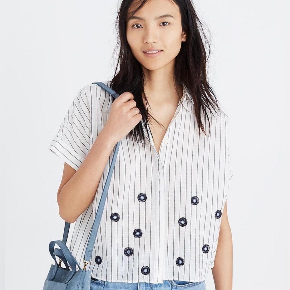 Madewell Embroidered White Striped Hilltop Short Sleeve Shirt Women’s Size XXS